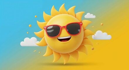 Smiling Sun with Sunglasses: A cheerful cartoon sun with stylish sunglasses radiates joy and happiness, set against a vibrant blue and yellow backdrop with fluffy clouds.