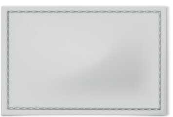 Stitched white textile label, vector realistic cloth fabric rectangle sewn on tag for textile, cotton badge mockup