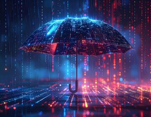 Digital umbrella protecting from falling data amidst a glowing, binary environment