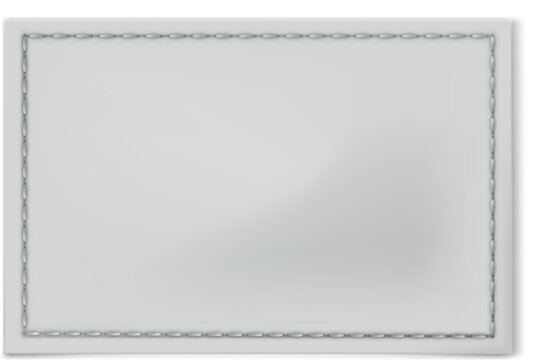 Stitched white textile label, vector realistic cloth fabric rectangle sewn on tag for textile, cotton badge mockup