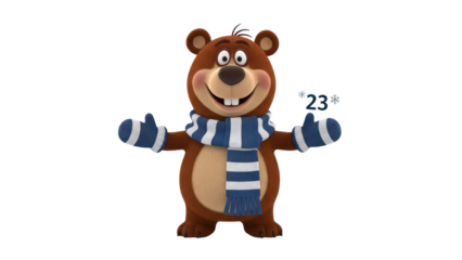 Happy Cartoon Bear Character with Striped Scarf and Mittens Holding Up 23 isolated PNG with Transparent Background
