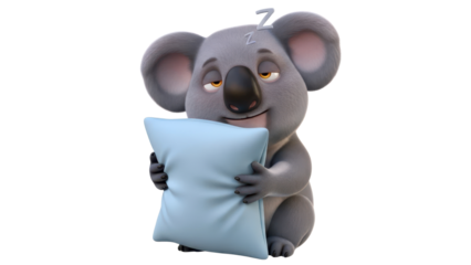 Sleepy 3D Koala Character Holding Blue Pillow isolated PNG with Transparent Background