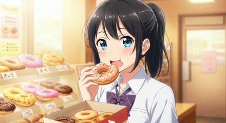 Donut Delight: A young lady savors a tasty donut, her eyes sparkling with delight, amidst a vibrant bakery filled with various pastries. 