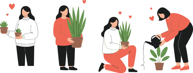 Women caring for houseplants illustration set showing love for indoor gardening, plant watering, and cozy home lifestyle vector characters