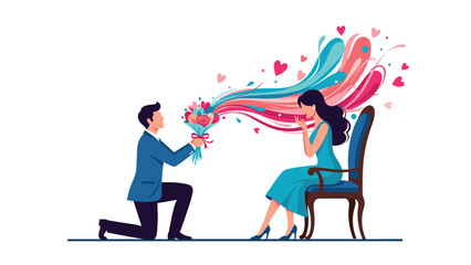 Man kneeling to propose with a magical bouquet of flowers that transforms into a colorful splash of love and abstract shapes.