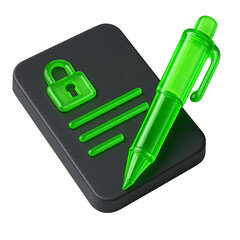 3D Black Document with Green Lock and Pen Icon Representing Secure Digital Agreement