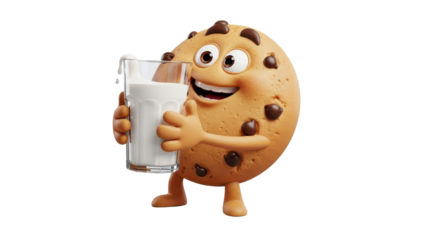 Happy Chocolate Chip Cookie Character Holding Milk Glass 3D Render isolated PNG with Transparent Background