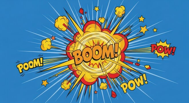 Dynamic comic book explosion background with halftone effects and impact phrases - Powered by Adobe