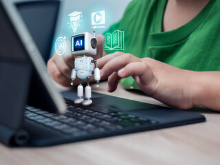 Little child learning online with virtual 3d cute robot assistant on tablet keyboard with smart education icons. Digital learning, home school, and AI technology in modern classrooms concept.