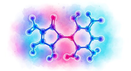 Three dimensional molecular structure floats against a vibrant watercolor background