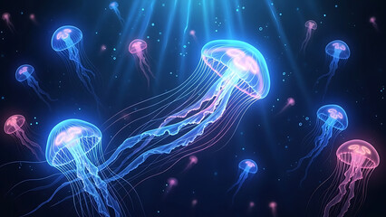 Glowing jellyfish swimming in dark blue ocean with rays of light and marine sea pink