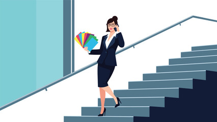 Fototapeta premium A busy and efficient businesswoman in a suit talking on the phone while walking down the stairs and carrying important files.
