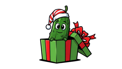 Cute Cartoon Pickle Character in Green Christmas Gift Box isolated PNG with Transparent Background