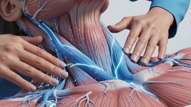 CGI Anatomical Illustration of Heimlich Maneuver Technique on Torso with Veins, Muscles, and Glowing Blue Energy Accents for Medical Visualization