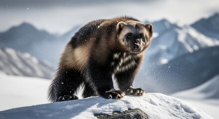 Obraz premium Wolverine in winter landscape showcasing its powerful build and thick fur perfect for cold