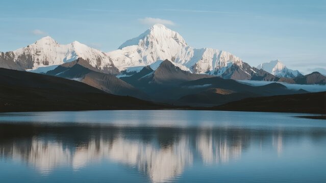 Snow-capped mountains reflected in a calm lake under a clear blue sky - Powered by Adobe