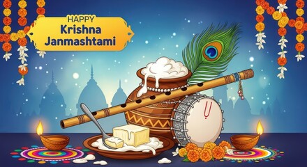 Celebration illustration of Krishna Janmashtami featuring traditional elements on a vibrant