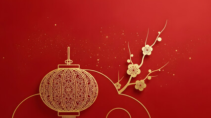 Red background with gold lantern and cherry blossom design for Chinese New Year.