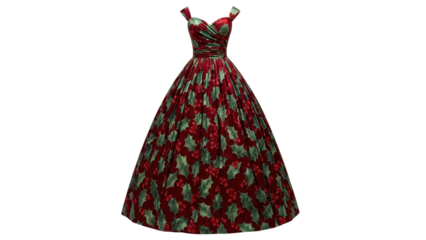 Red and Green Floral Pattern Ball Gown Dress isolated PNG with Transparent Background