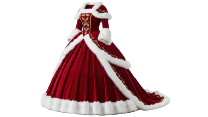 Red Velvet Christmas Ball Gown with White Fur Trim isolated PNG with Transparent Background