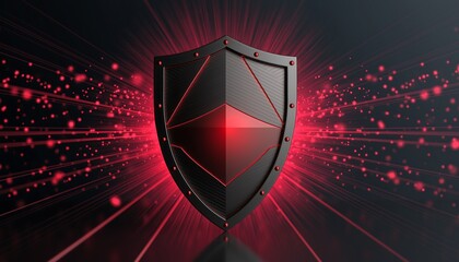 Red glowing cyber shield representing digital security and data protection, with abstract technological background, illustrating antivirus software or firewall for secure online presence