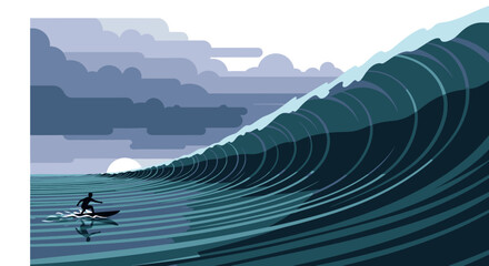 Minimalist illustration: lone surfer paddling colossal ocean wave under dramatic sky, capturing big wave surfing's thrill and power.