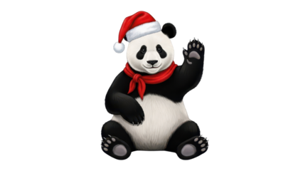 Cute Panda Wearing Red Santa Hat and Scarf Waving isolated PNG with Transparent Background