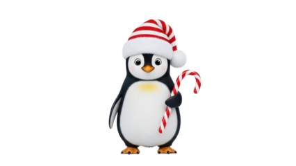 Cute 3D Christmas Penguin with Red Striped Santa Hat and Candy Cane isolated PNG with Transparent Background