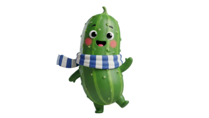 Cute 3D Green Cucumber Character with Blue Striped Scarf isolated PNG with Transparent Background