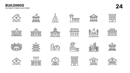 Collection of detailed building line icons various architectural styles on transparent background