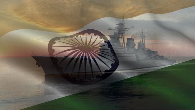 Indian military illustration. Indian Army with waving flag of India. Indian military battle ship.