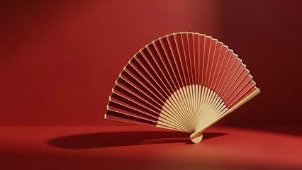 Elegant wooden hand fan displayed against red background  