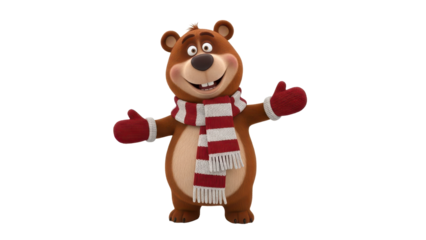 Happy Cartoon Bear Character Wearing Red and White Striped Scarf and Mittens isolated PNG with Transparent Background
