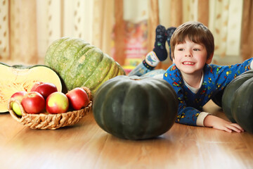 Fototapeta premium Little child choose a pumpkin at autumn. Child sitting on giant pumpkin. Pumpkin is traditional vegetable used on American holidays - Halloween and Thanksgiving Day.