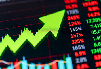Financial stock market upward trend displayed on digital screen with green rising arrow and percentage gains, symbolizing growth and investment success