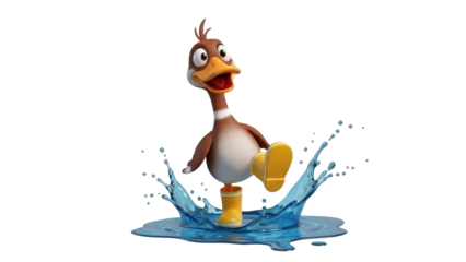 Funny Cartoon Duck Character Splashing in Water Puddle with Yellow Boots isolated PNG with Transparent Background