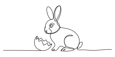 Simple continuous line art of an easter bunny sitting next to a broken eggshell Vector, illustration