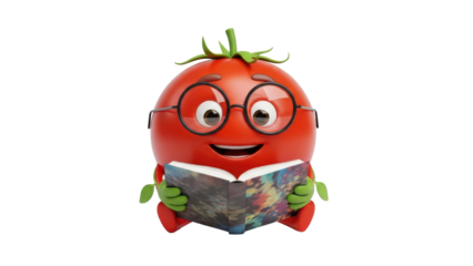 Cute 3D Red Tomato Character with Glasses Reading Book isolated PNG with Transparent Background