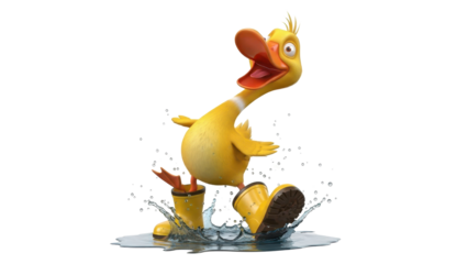 Funny Yellow 3D Cartoon Duck Splashing in Puddle with Rain Boots isolated PNG with Transparent Background
