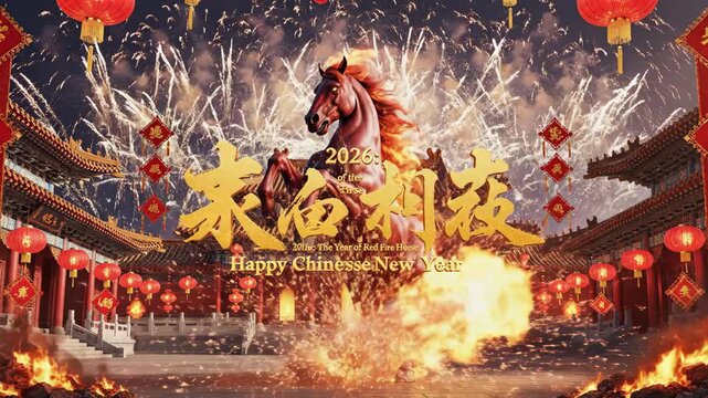 Chinese New Year Celebration with Fire Horse - A stylized video celebrating Chinese New Year shows a rearing fire horse against a backdrop of fireworks, red lanterns, and traditional Chinese