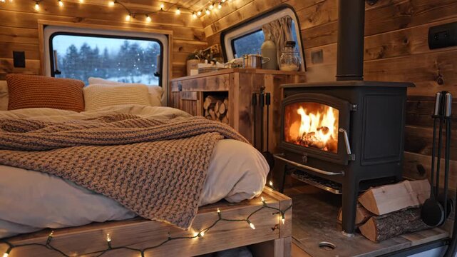 Cozy Interior of a Wooden Camper Van with Fireplace - A warm and inviting interior of a camper van is shown, featuring rustic wooden walls, a cozy bed with knitted blanket, and a small wood-burning