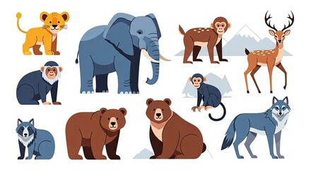 Fototapeta premium A vibrant collection of diverse wild animals from various habitats, rendered in a charming flat design illustration style, perfect for nature and educational content