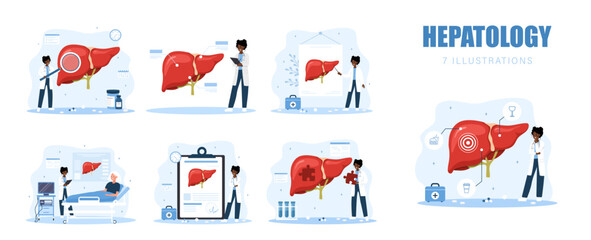 Digestive system disease set. Hepatologist consultation with medical test and treatment. Vector hospital scene.