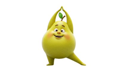 Cute Green Pear Character Doing Yoga Pose with Hands Raised isolated PNG with Transparent Background
