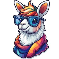 Obraz premium Hipster llama wearing glasses and a colorful scarf alpaca animal photo