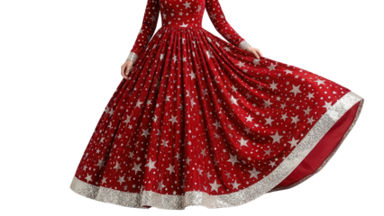 Red and Silver Star Patterned Long Sleeve Ball Gown Dress isolated PNG with Transparent Background
