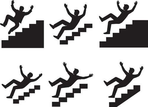 Set of six falling person silhouettes on stairs silhouette