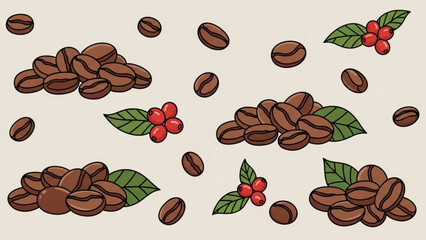 Obraz premium Seamless pattern of roasted coffee beans and red coffee cherries with green leaves on a light beige background