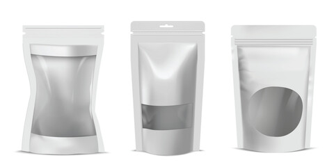 White zip bag, paper bag with transparent insert window 3D mockup design vector set, realistic close empty pouch package © sabelskaya