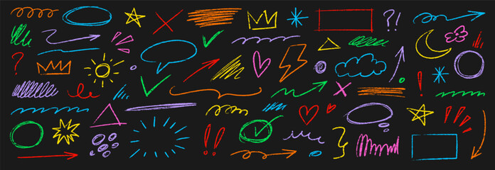 Fototapeta premium Pencil color crayon line element set. Hand drawn scribble chalk pencil stroke colorful swirl, flower, cloud and arrow shape with crayon rough texture. Children paint background. Vector illustration